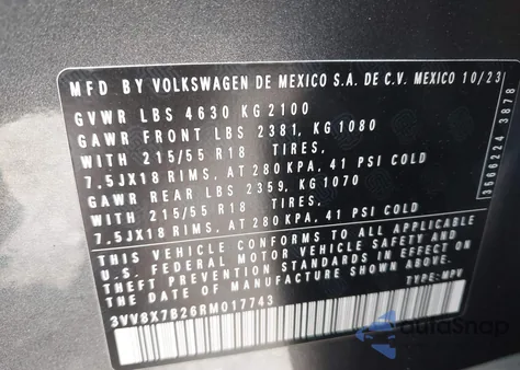 2024 Volkswagen Taos 1.5T S из США, поврежденный, VIN 3VV8X7B26RM017743